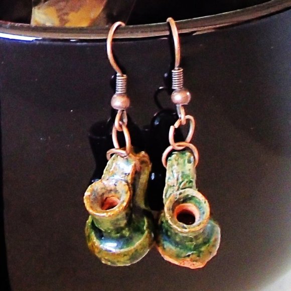 Terracotta Mexico Pottery OoaK Earrings Mini Glazed Handmade Copper Wires Rings - Picture 3 of 14
